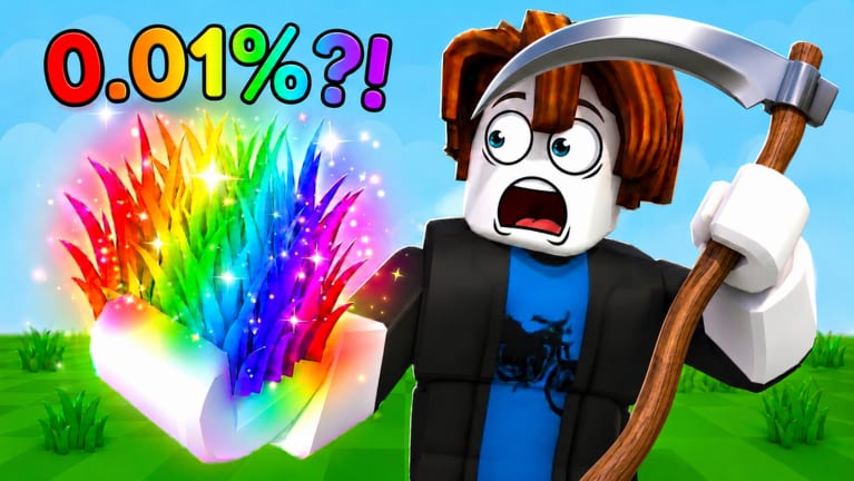 Roblox-Avatar in My Grass Farm mit leuchtendem Regenbogengras und Sense