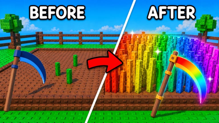 Vorher/Nachher eines My Grass Farm-Felds, von wenigen Halmen zu Regenbogengras